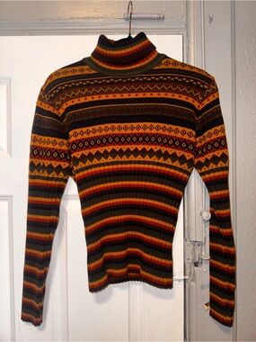 Buffalo David Bitton Striped Fair Isle Turtleneck in Black, Orange, Red, Green